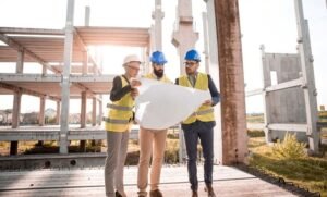 Photo d'un immeuble en construction avec trois architectes pour illustrer l'article sur la Loi Lagleize