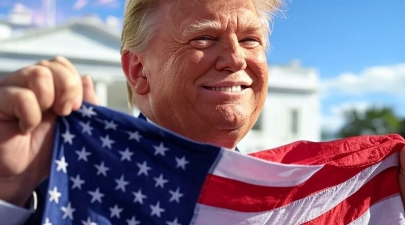 Le nouveau Président des USA, Donald Trump tenant un drapeau américain devant la Maison Blanche